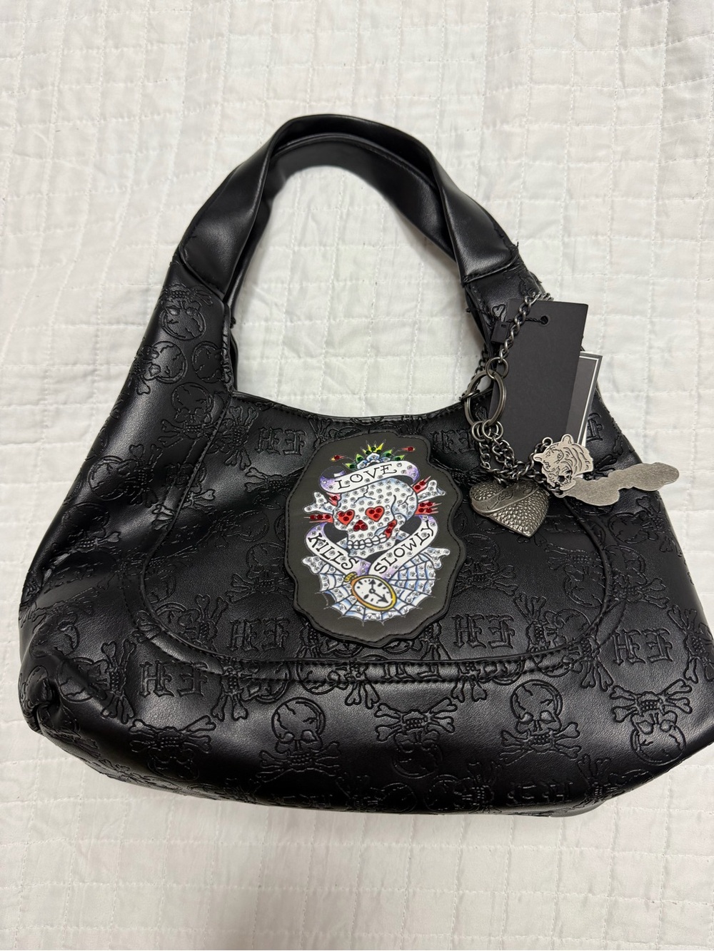 Ed Hardy Black Embossed Skull Hobo Shoulder Bag NWT